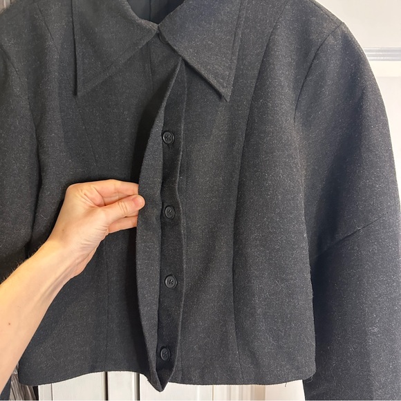 Zara Dark Grey Cropped Button Up Top Balloon Long Sleeve Collared XS Chic Modern - Picture 4 of 9